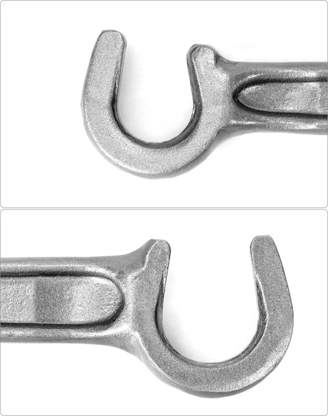 Close-up of heavy-duty valve wheel wrench dual ends for eleven sixteenths and one inch sizes, steel construction, easy grip design