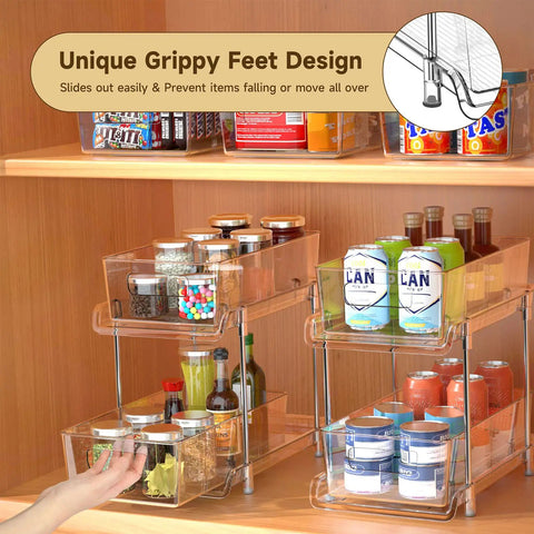 Clear Two Tier Under Sink Sliding Organizer With Adjustable Dividers Heavy Duty Waterproof Cabinet Rack For Bathroom Pantry showcasing a stocked pantry.