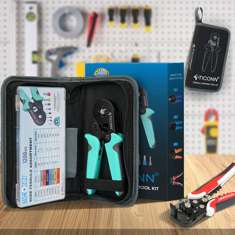 Ferrule Crimping Tool Kit With 1200 Ferrules And Insulated Wire Terminals Self Adjusting Ratchet Wire Crimper For AWG 23 To 7 displayed in case with instruction card