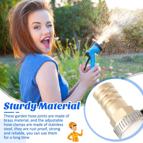 12 Piece Hose Repair Kit With Brass Barb Fittings For 5/8 To 3/4 Inch Hoses features a person using a spray nozzle in a garden