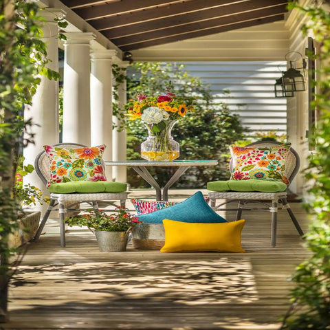 Bright Floral Indoor Outdoor Tufted Wicker Chair Pad With Ties Set Of 2 15.5 x 16 Inches Cushions For Patio Or Porch