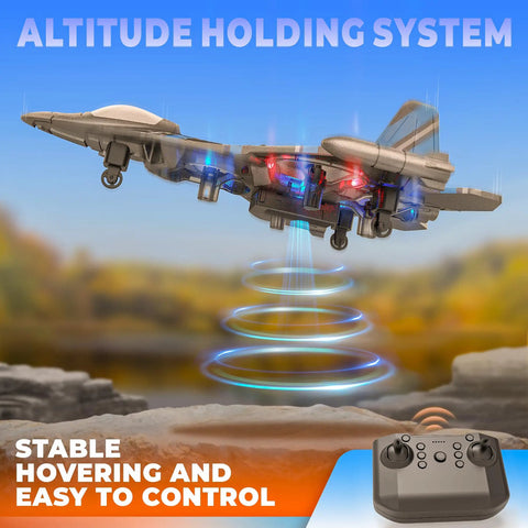 Kids 2.4GHz RC Drone Plane With 360 Degree Flips And Sick Aerial Stunts Remote Control Airplane And Helicopter Fighter Jet Toy With Colorful LED Navigation Lights For Ages 8 To 13 Easy Flight hovering with altitude hold system