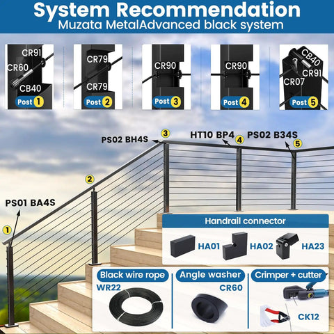 10 Pack Black Beveled Cable Railing Washers, 25, 30, and 35 Degree Angled, T316 Stainless Steel, Fits 1/8 Inch, 5/32 Inch, and 3/16 Inch Cable Railing Hardware Kit CR60, Durable Modern Deck Hardware shown in system recommendation diagram
