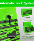 Automatic lock system for 24 Inch Heavy Duty Steel Tool Box With Nine Lockable Drawers Solid Reinforced Metal Tool Chest Green.