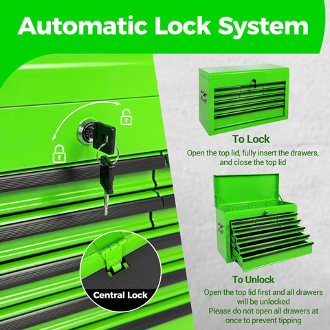 Automatic lock system for 24 Inch Heavy Duty Steel Tool Box With Nine Lockable Drawers Solid Reinforced Metal Tool Chest Green.