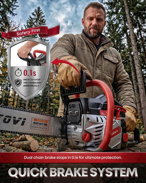 Man holding gas powered chainsaw with dual 18 and 20 inch bars, 63cc 3.7HP two stroke engine, highlighting safety brake system.