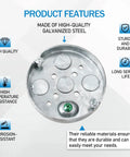 4 Inch Round Ceiling Pan Metal Electrical Box Pancake Box For Outlets Half Inch Deep With Half Inch Bottom Knockouts, Perfect For Lighting Fixtures featured with product features like high quality galvanized steel and durability.