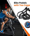 Man cycling on stationary bike with Toe Cage Bike Pedals For Regular Or Clipless Shoes, 9 16 Inch Spindle, Heavy Duty Pedals visible.