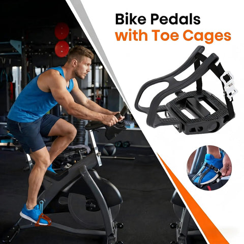 Man cycling on stationary bike with Toe Cage Bike Pedals For Regular Or Clipless Shoes, 9 16 Inch Spindle, Heavy Duty Pedals visible.
