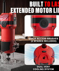Powerful 6.5 Amp Compact Wood Router Tool For Woodworking With 6 Variable Speeds features quick-access brushes and efficient cooling.