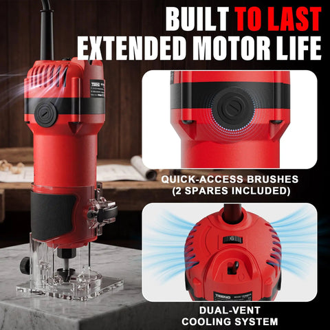 Powerful 6.5 Amp Compact Wood Router Tool For Woodworking With 6 Variable Speeds features quick-access brushes and efficient cooling.