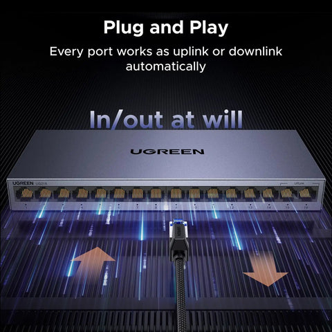 16 Port Gigabit Unmanaged Switch With Plug And Play For Office Use Standard VLAN Mode shown in operation with cables connected