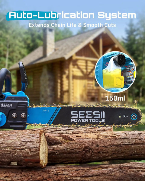 40V 16 Inch Cordless Chainsaw With Brushless Motor Two 4Ah Batteries And Charger Tool Free Chain Tension Auto Oiling