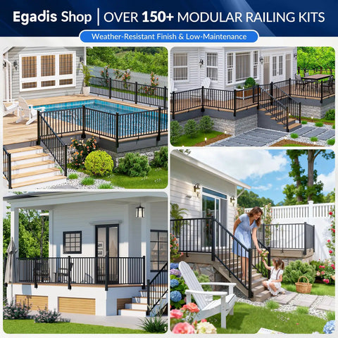 Built Tough Aluminum Deck Railing Kit 2 Pack 36 Inch High By 6 Feet Wide Modular Side Mount Post setup around a pool and garden.