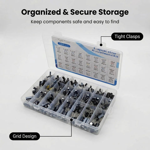 500Pcs Capacitor Kit With 24 Value Aluminum Electrolytic Caps 0.1uF To 1000uF 10V To 50V Includes Labeled Transparent Storage Box