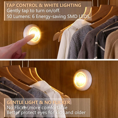 5 Pack LED Battery Powered Wireless Night Light Sticks Tap On Touch Lamp For Closets Cabinets Counters And Utility Rooms Cordless Stick On Push Light Warm White No Wires Needed