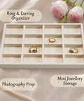 Totally Sweet Beige Linen Jewelry Display Tray With Sixteen Grid Slots For Rings Necklaces And Bracelets Ultra Soft Fabric Organizer with rings.