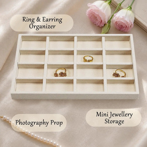 Totally Sweet Beige Linen Jewelry Display Tray With Sixteen Grid Slots For Rings Necklaces And Bracelets Ultra Soft Fabric Organizer with rings.