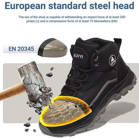 Steel Toe Work Boots For Men With Wide Toe Fit Breathable Fly Knit Mesh And Leather Upper Slip Resistant Durable Industrial