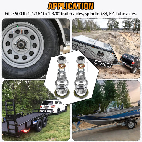 Trailer axle hub bearing kit, 2 sets for 1-3/8 to 1-1/16 in spindles; includes dust caps, seals, races, nuts, cotter pins