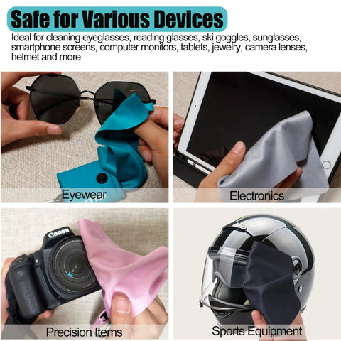 Solid-color microfiber cleaning cloths in blue, gray, pink, and black for wiping eyeglasses, electronics, cameras, and helmets.