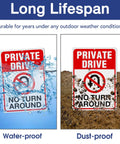 Private Drive No Turn Around sign, 14x10 in, reflective aluminum; two panels shown, water-proof left and dust-proof right.