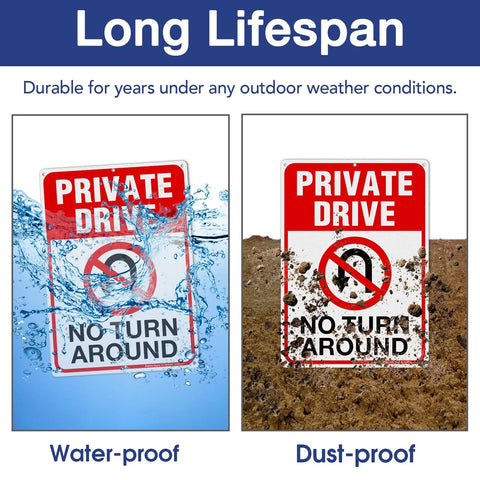 Private Drive No Turn Around sign, 14x10 in, reflective aluminum; two panels shown, water-proof left and dust-proof right.