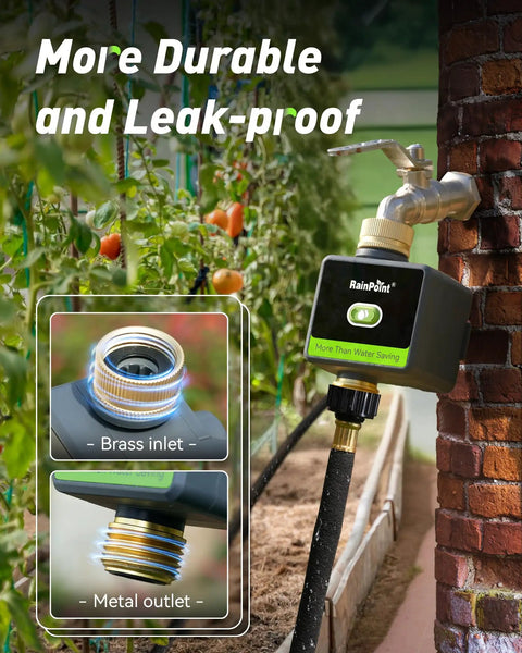 WiFi Hose Timer With Brass Inlet And Outlet No Fuss Setup Smart Sprinkler Controller attached to garden tap outdoors