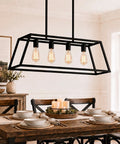 Black Kitchen Island Lighting Fixture, 4-Light Farmhouse Pendant with dope modern industrial linear design in dining room