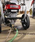 Heavy Duty Garden Hose Filter With Inline Sediment Screen And 3/4 Inch Male Female Threads Plug N Play Operation That Blocks Mud And Crud For Pressure Washers And Home Plumbing attached to pressure washer.