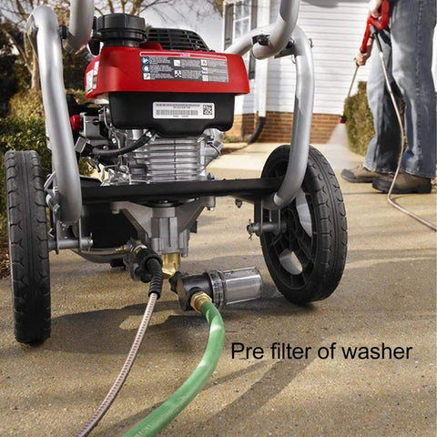 Heavy Duty Garden Hose Filter With Inline Sediment Screen And 3/4 Inch Male Female Threads Plug N Play Operation That Blocks Mud And Crud For Pressure Washers And Home Plumbing attached to pressure washer.