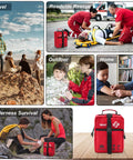 Red VRIEXSD 400-piece first aid kit bag for home, car and travel; collage of use scenarios.