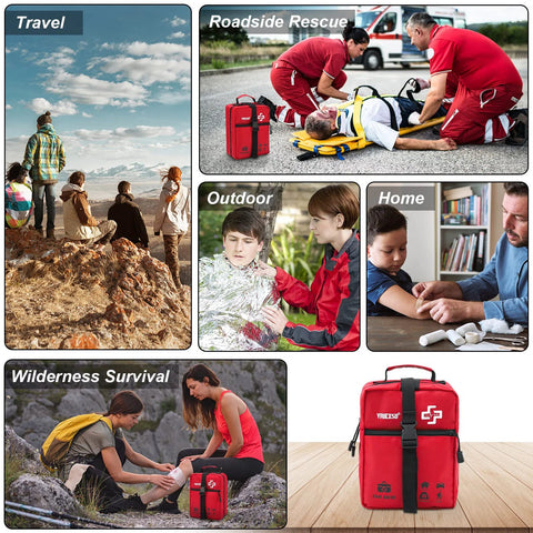 Red VRIEXSD 400-piece first aid kit bag for home, car and travel; collage of use scenarios.