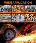 Wide application showcasing materials like steel, copper, stainless steel, and wood with Dead Reliable 4 5 Inch Cut Off Wheels.