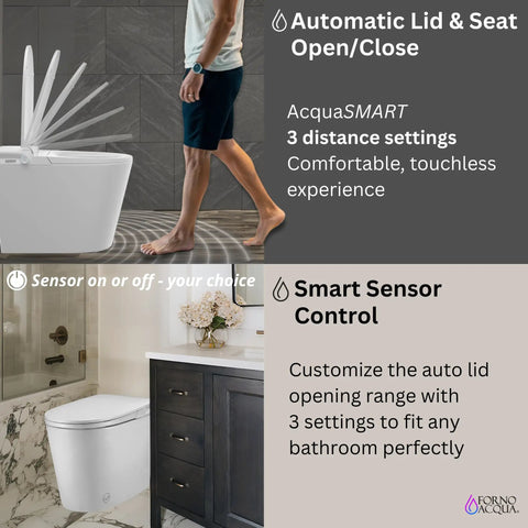 Hassle Free Tankless Smart Toilet Heated Seat Auto Flush Lid Smooth Dual Flush 1000 Map Rating showcasing automatic open/close feature.
