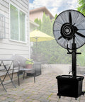 Heavy Duty 30 Inch Outdoor Pedestal Fan With Built In Mist Spray high velocity oscillating cooler in patio setting outdoors.