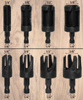 Top Shelf Woodworking Plug Cutter Drill Bit Set featuring straight and tapered chamfer bits in four sizes laid out on wood.