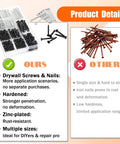 Nails And Wood Screws Kit With 320 Pieces Size Six And Size Eight Philips Drywall Screws Black Finish For Picture Hanging And Diy Repairs High Hardness Hardware Small Nails For Home Improvement Projects One Half To Two Inches organized in a compartment box, comparison with iron nails.