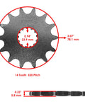 14 Tooth front sprocket from Heavy Duty Drive Chain And Sprockets Kit For Kawasaki KX 250 1999 2000 2001 with dimensions