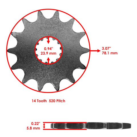 14 Tooth front sprocket from Heavy Duty Drive Chain And Sprockets Kit For Kawasaki KX 250 1999 2000 2001 with dimensions