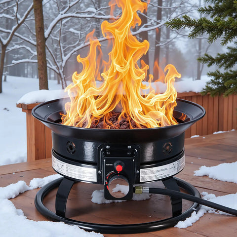 Smokeless Propane Fire Pit 53000 BTU Portable Outdoor Heater on snowy patio with adjustable flame.