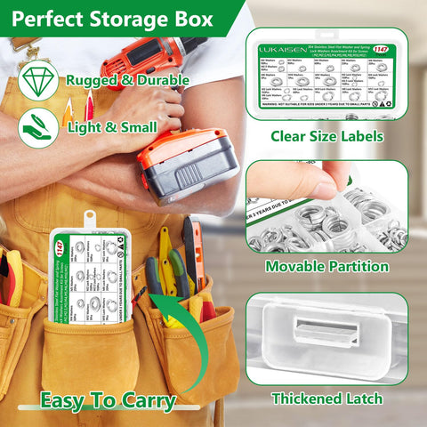 Washer assortment kit in a compact organizer case, 1147 stainless steel lock washers in nine metric sizes M2–M12.