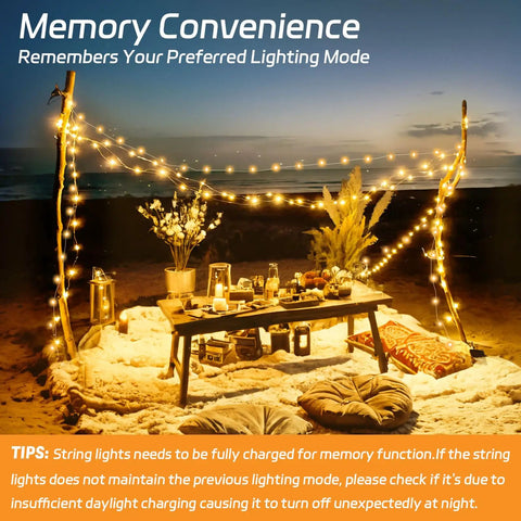 Outdoor Solar Fairy Lights Waterproof 16.4 Ft 50 LEDs String Lights for patio decor, illuminating a cozy beach setup with table and decor