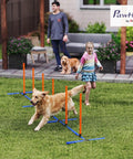 Golden retriever navigating Adjustable Dog Agility Training Equipment For Backyard Courses With Weave Poles Carry Bag And Ground Stakes For Indoor Or Outdoor Use Practice Fun And Peak Performance For Pups in backyard