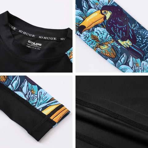 Detailed view of Mens Rash Guard Long Sleeve With UV Protection UPF 50 Plus For Men, featuring toucan print and stitching.