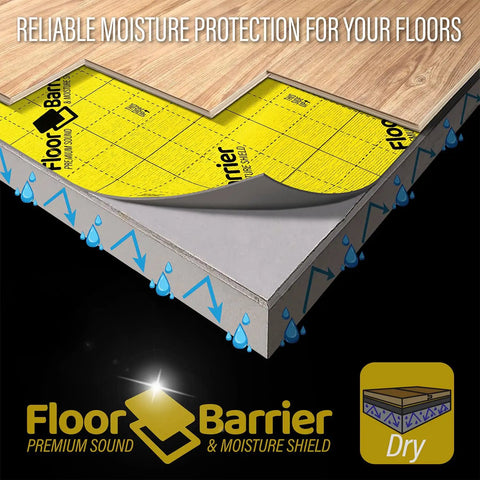 Real Deal Floor Underlayment With No Sweat Moisture Barrier shows yellow foam roll applied under laminate planks for sound and moisture protection.