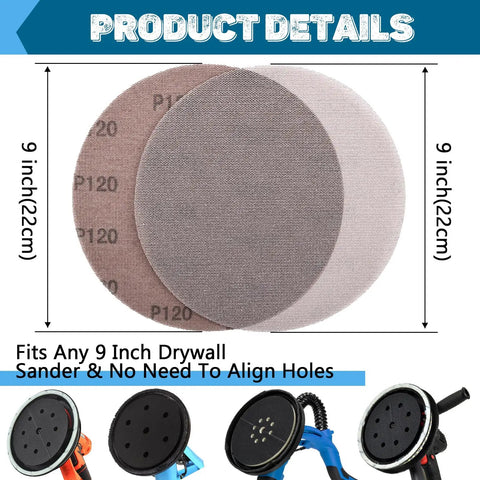 9 Inch Mesh Sanding Discs With Hook And Loop For Drywall Sander, Dustless Drywall Sanding Technology shown in product detail