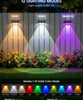 Slick Solar Fence Lights 8 Pack Weatherproof Outdoor Lamp With 3 Warm To Cool Temps And Rgb Dynamic Hue 12 Smart Patterns mounted on a fence.