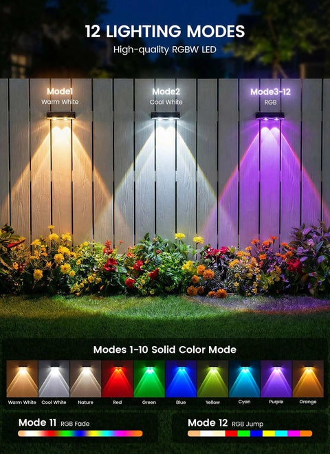 Slick Solar Fence Lights 8 Pack Weatherproof Outdoor Lamp With 3 Warm To Cool Temps And Rgb Dynamic Hue 12 Smart Patterns mounted on a fence.