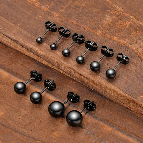 Hypoallergenic Stainless Steel Black Ball Stud Earrings Set 10 Pieces 5 Pairs Lightweight And Shiny Balls From Small To Large Sizes For Everyday Wear And Dressy Outfits, black sizes